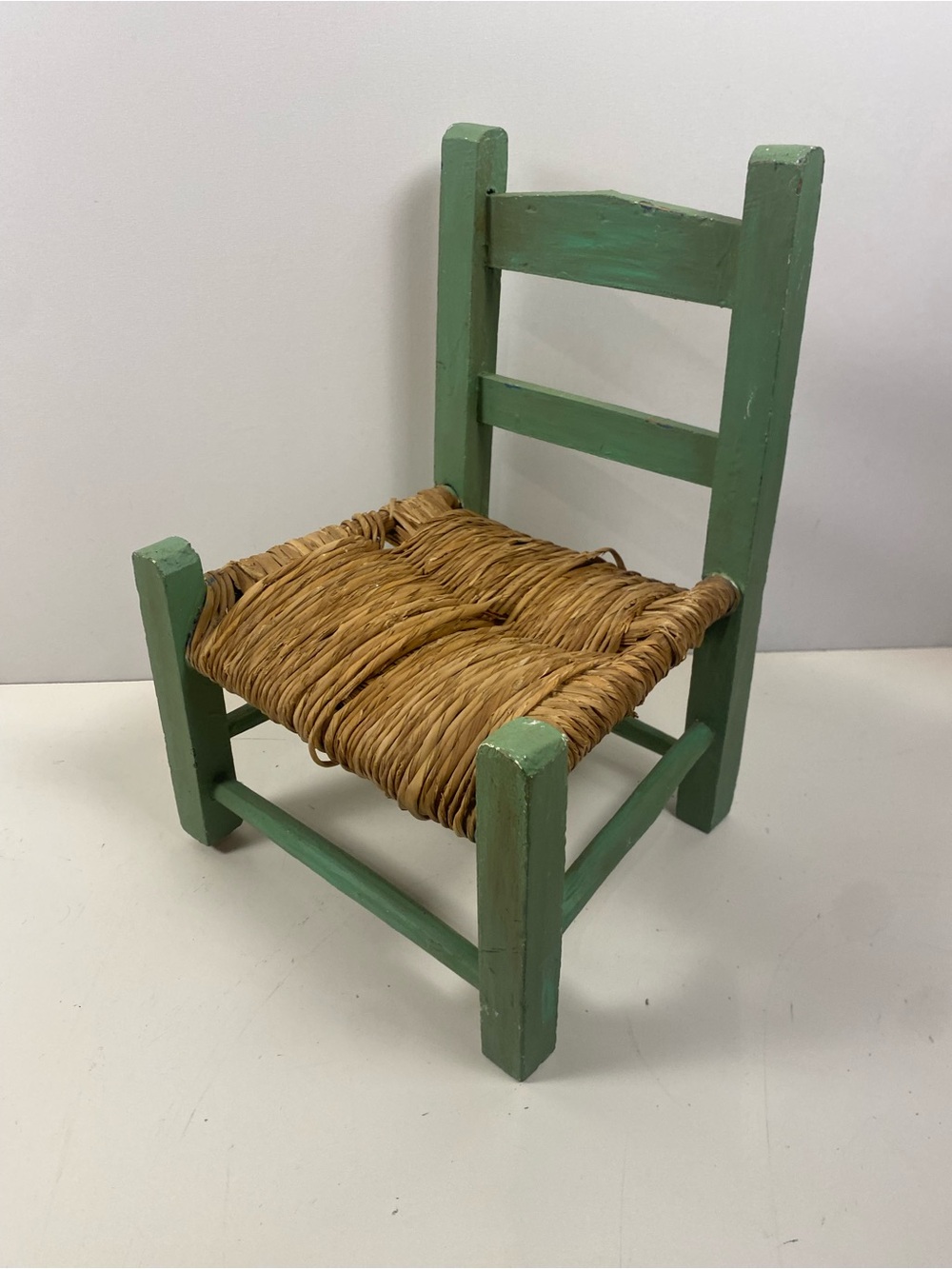 Vintage Rustic Wooden & Straw Doll Chair 10”x17”